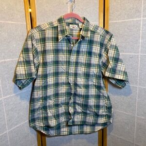 County Seat Mens Plaid Button Down Shirt Green Blue Yellow Short Sleeve Size M